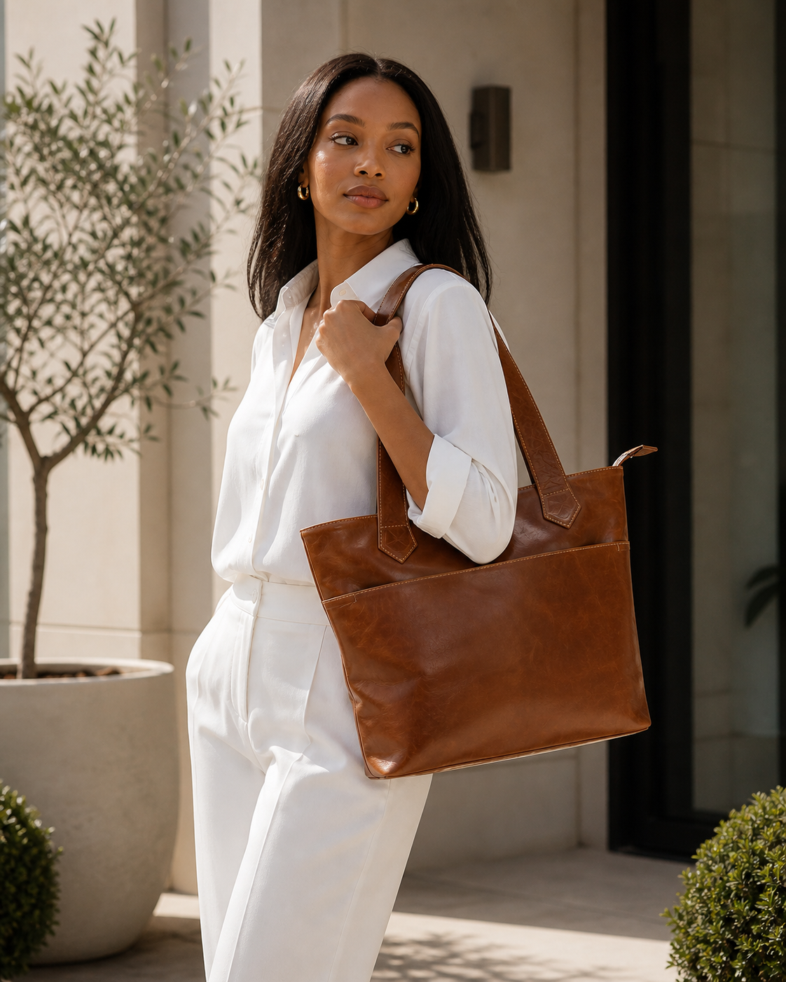 Camel Brown Leather Shoulder Bag with Belt Detail